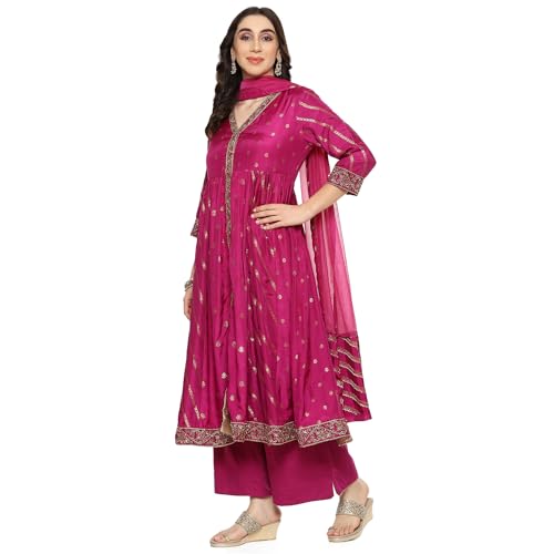 BIBA WOMEN YARNDYED ANARKALI SALWAR KURTA DUPATTA(SKDTHE GOLD8966_MEGANTA_34)