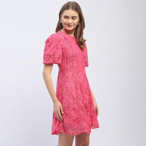 Madame Puff Sleeve Pink Lace A-Line Dress