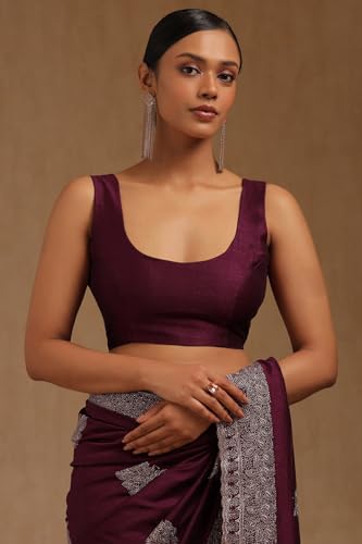 Soch Womens Magenta Tussar Embroidered Saree With Stone Work