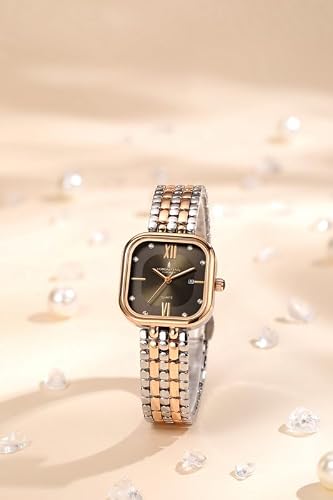 London Fog Bloomsbury Collection Analog Quartz Watch for Women with Brown Sunray Square Dial, Roman Numeral and Crystal Hour Markers, Date Display, Rose Gold & Silver Stainless Steel Strap LFW20008-22