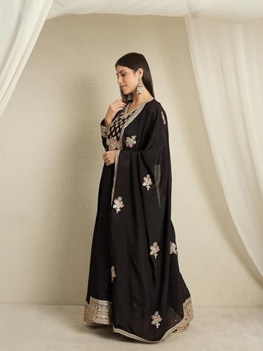 Shampysky Women's Black Chinon Stitched Gown With Dupatta Full Sleeve Embroidered Anarkali Gown (SSY-1230-Black-XXL)