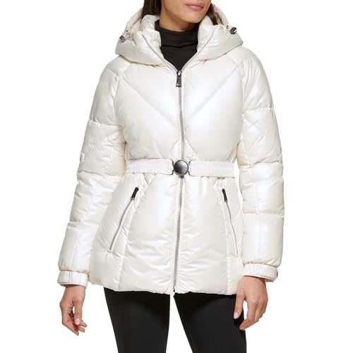 GUESS Women's Hooded Belted Water Resistant Coat, White, S
