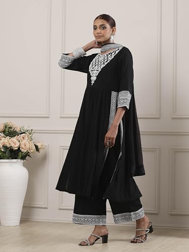 Biba Women Black Viscose Rayon Gathered Suit Set_32