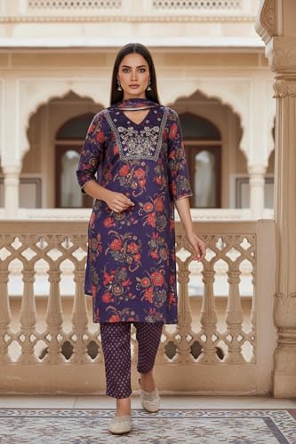 W for Woman Purple Floral Printed Japanese Satin Straight Kurta with Straight Pant and Dupatta Set (WS13280-126644-M)