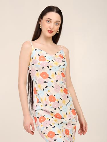 7OUNCE Women's Printed Bodycon Cowl Neck Dress - Adjustable Straps & Side Zipper Closure in Soft Crepe Fabric Multicolour