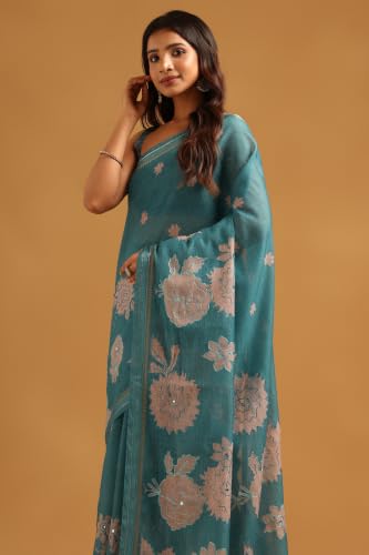 Soch Womens Turquoise Blue Silk Blend Digital Printed Floral Saree With Mirror-Work