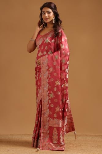 Soch Womens Onion Pink Satin Botanical Zari Woven Saree