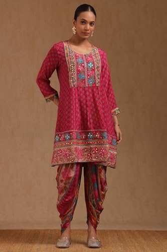 Soch Womens Fuchsia Crepe Floral Print Suit Set With Mirror Work