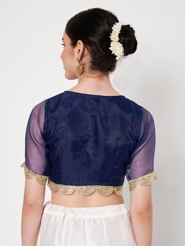studio rasa Women's Organza Embellished Blouse for Festive Wedding Party (TPWC62538XL_Navy_X-Large)