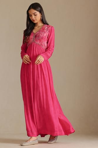 Soch Womens Fuchsia Chinon Floral Print Dress with Beads