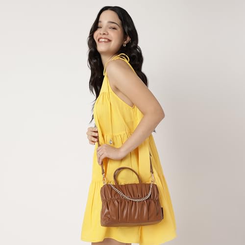 Fastrack Ruched Faux Leather Satchel Bag for Women | Structured Handbag with Detachable Chain Strap, Zippered Compartment and Inner Pockets | Elegant Convertible Bag for Casual and Wear