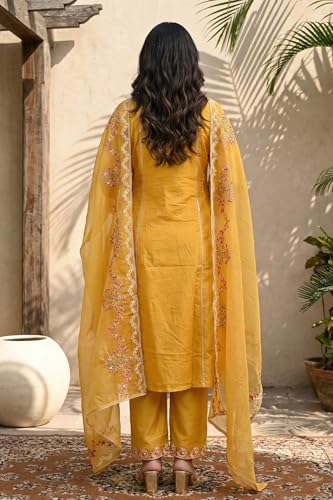W for Woman Yellow Floral Embroidered Straight Kurta with Pant and Dupatta Set - (WS13092-224075-M)