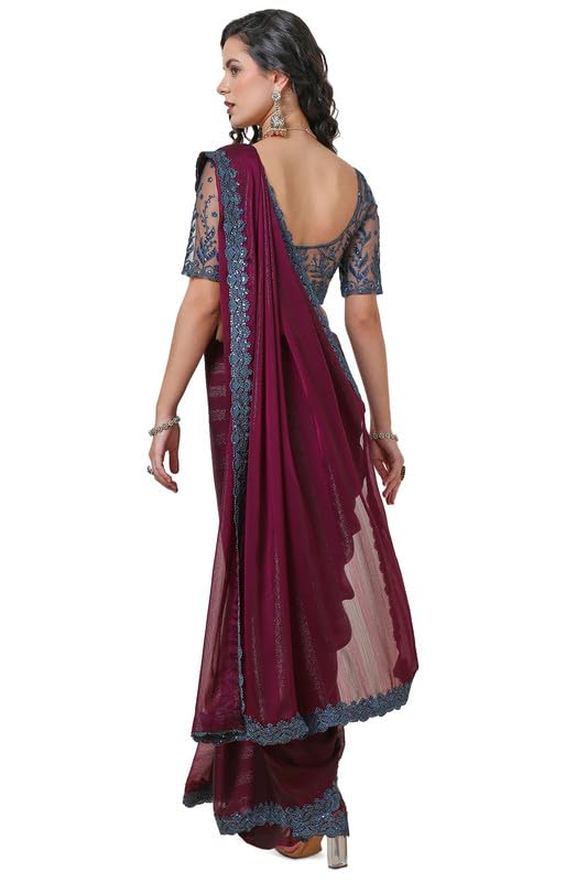 Soch Womens Wine Chiffon Striped Simmer Saree