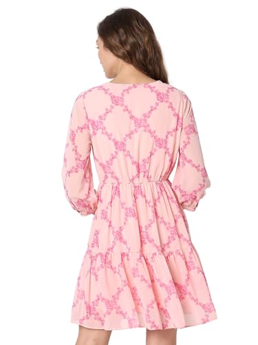 VERO MODA Women Floral Print Pink Polyester Above Knee Length Fit and Flared Dress