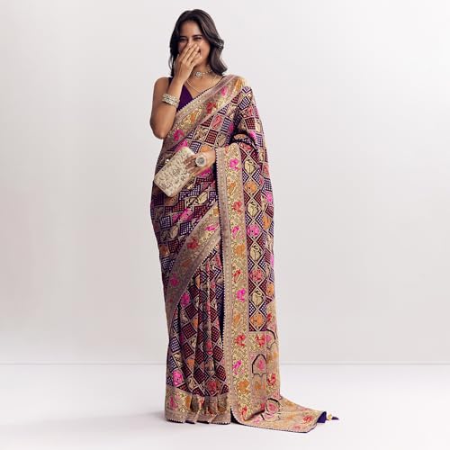 KALKI Fashion Purple Georgette Bandhani Saree With Animal Motifs And Gota Border Silk sarees for women Traditional Ethnic Wear Fashion Wear Wedding Collection Festive Saree