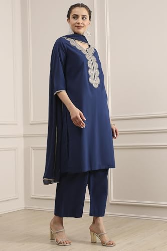 Biba Women Blue Cotton Straight Dyed Suit Set_40
