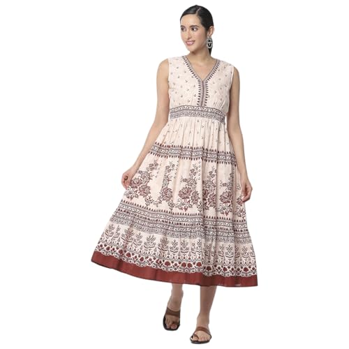 Biba Women's Cotton Tiered Mid-Calf Length Casual Dress (WABISABI3015SS25WHTRST_White-Rust