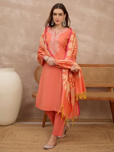 Rangavali Coral Peach Cotton Silk Embroidered Festive Suit Set With Bararasi Zari Woven Dupatta | Family Function, Office Festive & Wedding Ethnic Wear Suit Set | XL, 38