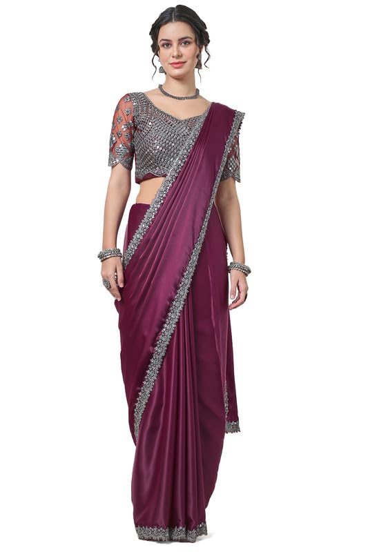 Soch Womens Wine Organza Saree with Embellished Lace Border