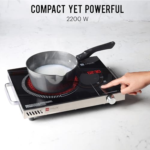 Cello Induction Cooker Blazing 800+ Infra Ceramic Plate 2200 Watt Induction Cooktop with BBQ Grill, Soft Touch Button with Crystal Glass (Black)
