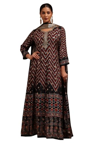 Soch Womens Black Russian Silk Chevron Gown with Mirror and Cutdana