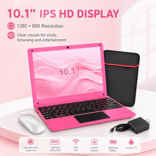 Fwmntu 10.1 Inch Android 13 Mini Laptop 2GB RAM 64GB Memory HD IPS Display 1280*800 Pixels Portable Netbook with Allwinner A133 CPU (Pink)