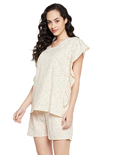 Clovia Women's Cotton Pretty Florals Kaftan Top & Short Set(LS0607P24_Beige_L)