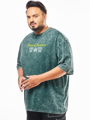 Bewakoof Men's Graphic Print Oversized Fit Half Sleeve Round Neck Pure Cotton Plus Size T-Shirt_694249_Green_4XL