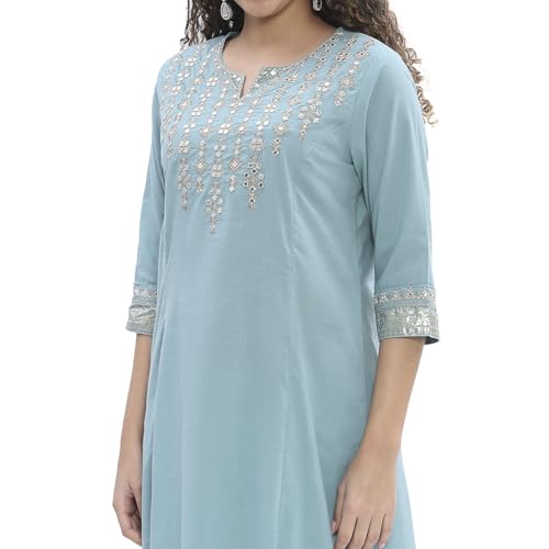Biba Women Dull Blue Cotton Kalidar Suit Set_36