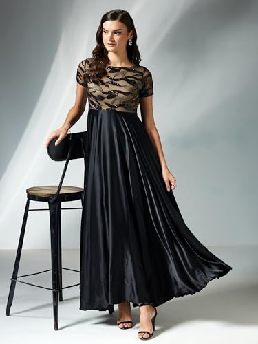 Miss Chase Women's Boat-Neck Short-Sleeve Abstract Fit & Flare Satin Maxi Dress (MCAW25D85-18-62-06, Black, XL)