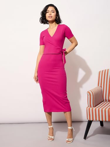barcino Fuchsia Rib Side Knot Bodycon Midi Dress