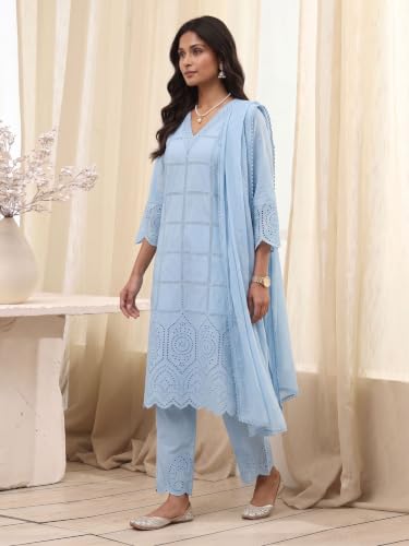 BIBA 100% Cotton Solid Casual Straight Kurta With Palazzo And Dupatta