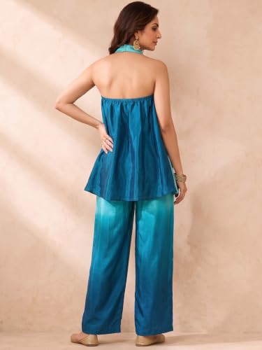 Varanga Women Blue A Line Kurta Palazzos Set Sleeveless Screen Print