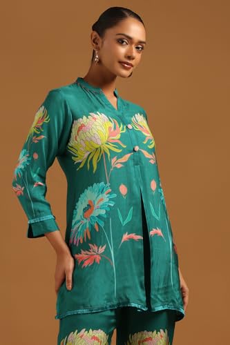Soch Womens Teal Green Muslin Botanical Kurta Set With Hand Embroidery and Bead Details