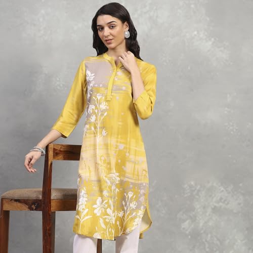 Rangriti Women's Viscose Rayon Printed Straight Kurta (RROZ25123AW25YEL_Yellow