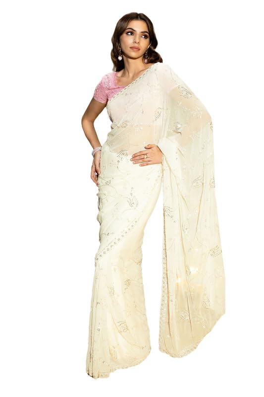 Soch Womens Cream Georgette Saree With Cutdana