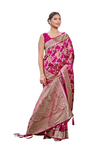MANOHARI Women's Most Trendy Banarasi Satin Silk Woven Rani Pink Saree With Heavy Jacquard Work Saree With Blouse Piece_MN2047