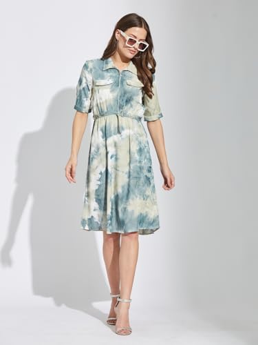 Latin Quarters Women's Green Half Sleeves Collared Tie-Dye Casual Dress_L