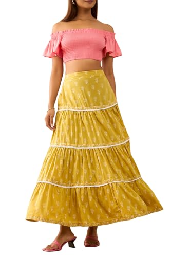 Taneira Women Dark Yellow Pure Cotton Rajasthan Screen Printed Lehenga (LEAM31DYL-Dark Yellow-L)