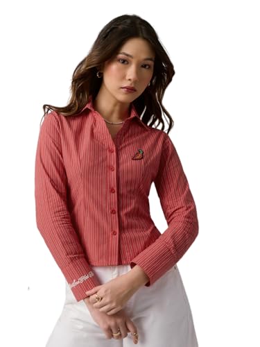 The Souled Store Hot Mess Women and Girls Full Sleeves Collared Neck Red Stripes Embroidered Cotton Slim Fit Breathable Hand-Detailed Everyday Casual Shirt