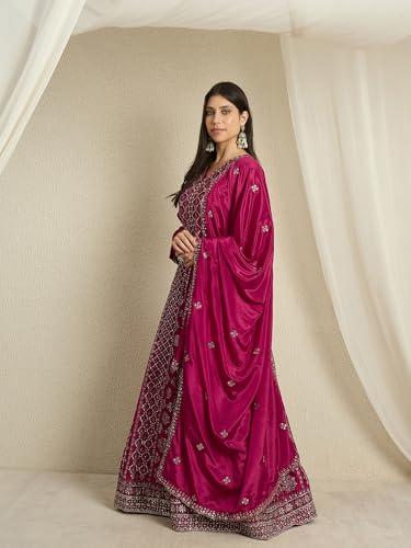 Miss Ethnik Women's Maroon Chinon Stitched Gown With Dupatta Full Sleeve Embroidered A-Line Gown (MEY-1236-Maroon-3XL)