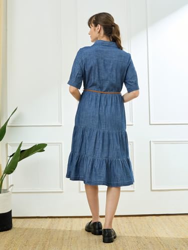 Latin Quarters Women's Blue Solid Half Sleeves Collar Neck Casual Fit & Flared Dress_S