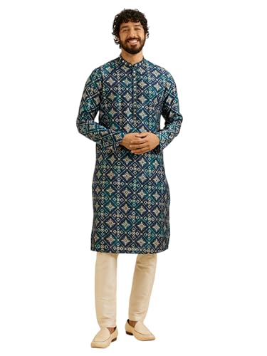 Manyavar Men's Viscose Blend Ethnic Motifs Printed Kurta Set (Blue,XXL)