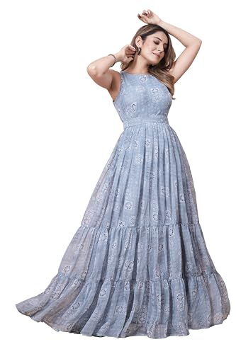 ODD BY chansi TRENDZ Women's Floral Anarkali Gown in Georgette, Grey, Ankel Length, Sleevless, Round Neck, Festive & Party Ethnic Wear