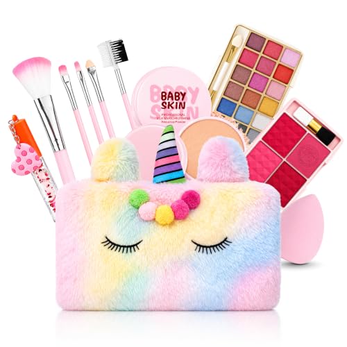 Real Kids Makeup Kit for Girls | 15 Pcs Unicorn Soft Bag with Beauty Set | Washable Play Makeup Kit includes Eyeshadow, Blush, Compact Powder, Lip Gloss, Beauty Blender & Brushes | Birthday Gift for Ages 7–16