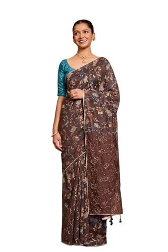 Taneira Women Brown Pure Silk Cotton Embroidered Saree with Unstitched Blouse Piece (SAIP01AC1401-Brown)