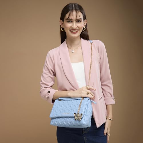 Caprese Cloud Large Sling Bag for Women | Embossed Faux Leather Shoulder & Crossbody Bag | Adjustable Strap | Multi-Compartment Purse with Zipper Closure & Elegant Butterfly Charm (Powder Blue)