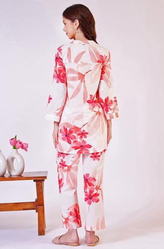 W for Woman White Bold Floral Printed Pure Cotton Tunic and Straight Pants Co-ord Set (Size: S)-WS31237-125407