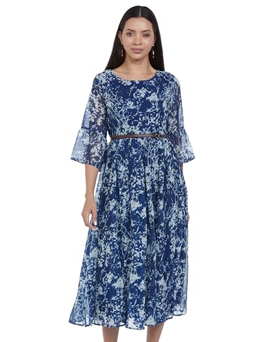 BIBA Women Polyester Flared Printed Dress Ankle Length ASSORTED1450EAW21BLU_Blue