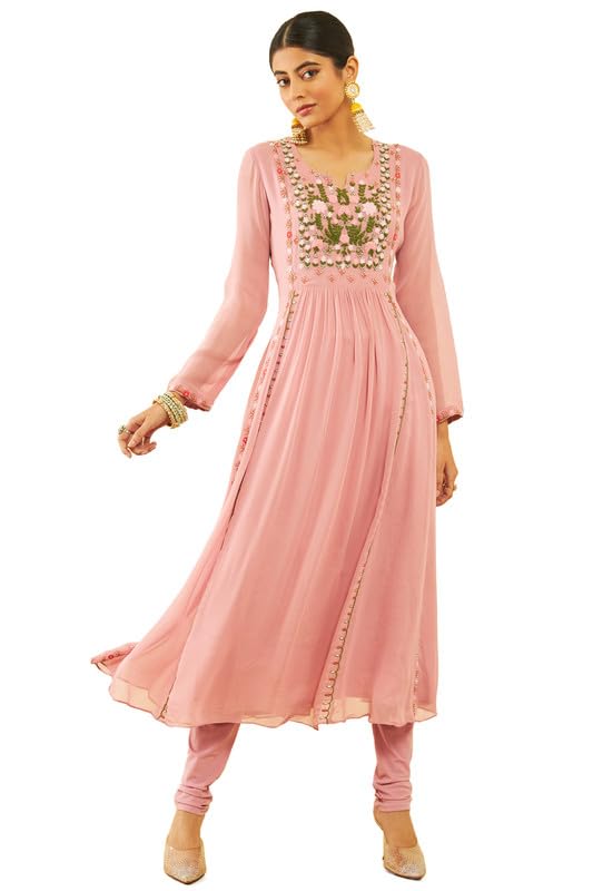 Soch Womens Onion Pink Georgette Floral Embroidered Chudidar Suit Set with Beadwork(OWS2CD2110A)